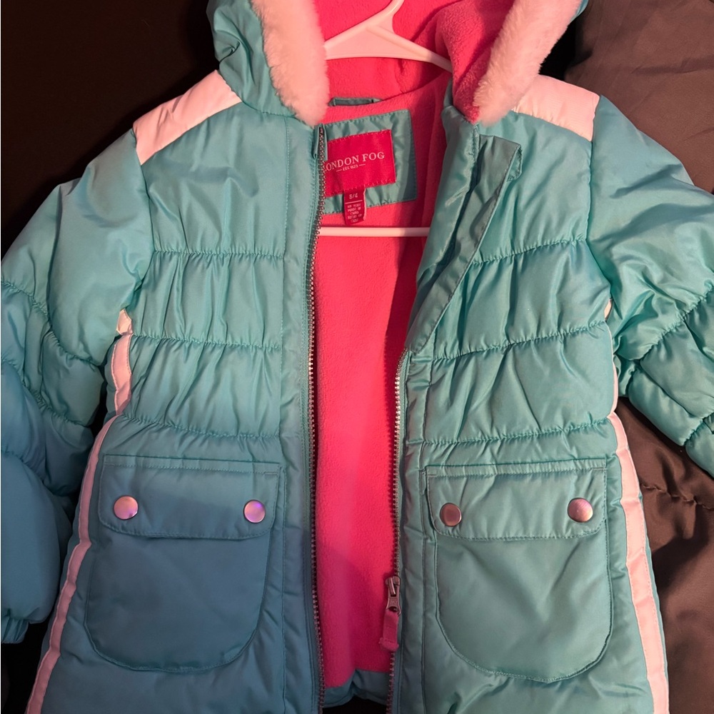 London Fog Kids Teal Puffer Jacket with Pink Lining